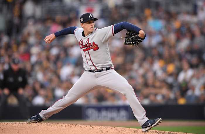 Apr 15, 2022; San Diego, California, USA; Atlanta Braves starting pitcher Kyle Wright (30) throws a pitch against the San Diego Padres during the first inning at Petco Park. Mandatory Credit: Orlando Ramirez-USA TODAY Sports